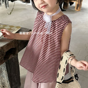 儿童粉色条纹娃娃衫夏季韩系女童可爱后背蝴蝶结无袖上衣小衫