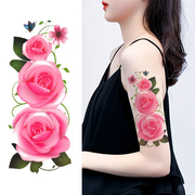 粉红色玫瑰花纹身贴防水女持久性感大图，腰部写真遮疤花臂纹身贴纸