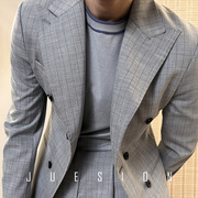灰色条纹西装男修身复古双排扣英伦商务正装那不勒斯休闲外套单西