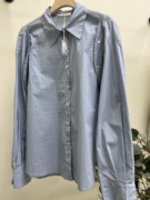 韩版衬衫淡蓝色24年早春新条纹(新条纹，)长袖百搭系扣子可拆袖洋气时髦