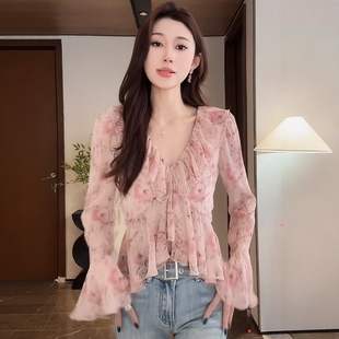 法式甜美V领碎花雪纺衬衫女2025新款减龄洋气别致漂亮荷叶边上衣