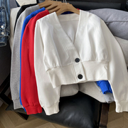 韩版小个子v领长袖外套女红色，开衫辣妹上衣j¥c时尚休闲洋气