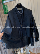 DHR 独特超好看小众黑色新中式提花马甲背心衬衫两件套宽松上衣女