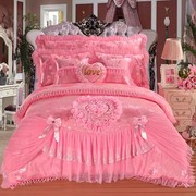 欧式蕾丝刺绣花婚庆四件套，大红粉色公主，床盖六八件套1.8床上用品