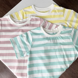 小清新浅色系条纹短袖T恤男女童夏季棉氨纶上衣打底衫