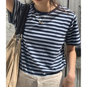 N*w自制 复古海军蓝条纹T恤女24ss夏韩系反缝设计宽松圆领短袖