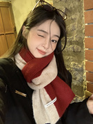 2023韩版ins小众，拼色红色毛线围巾女冬季加厚保暖围脖学生潮