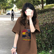 港味复古棕色hiphop印花短袖t恤男女夏季中长款宽松圆领上衣服ins