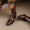 TATA PERKO联名v口粗高跟短靴女棕色真皮切尔西靴尖头马丁靴