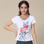 2023中国刺绣花t恤短袖，夏季短款女装，圆领修身显瘦民族风上衣