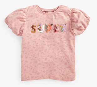 女童泡泡袖碎花短袖t恤2023宝宝婴儿夏装纯棉粉色，半袖打底上衣潮8