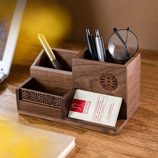 实木办公桌笔筒收纳盒一体，名片盒大容量高级感轻奢摆件胡桃木笔桶