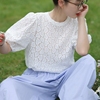 泡泡短袖t恤女夏季上衣设计感小众，法式浪漫钩花镂空蕾丝小衫