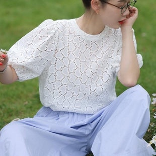 泡泡短袖t恤女夏季上衣设计感小众法式浪漫钩花镂空蕾丝小衫