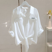 白色条纹衬衫女长袖2023春夏法式宽松显瘦设计感小众系带上衣