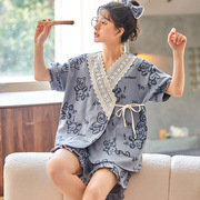 夏季针织棉质女士短袖开衫日系和服，睡衣套装女式新国风(新国风)家居服