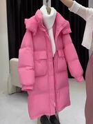 粉色羽绒棉服女冬季韩版棉衣，收腰中长款加厚显瘦连帽外套棉袄