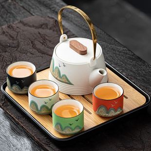 日式远山旅行功夫茶具家用茶盘，一壶四杯简约过滤茶壶便携包小套装