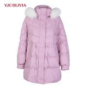 vjcolivia2023秋冬粉色羽绒服中长款毛领，连帽保暖外套女装