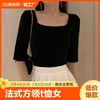 黑色纯棉法式方领中短袖t恤女夏季五分袖设计感小众复古潮t2023年