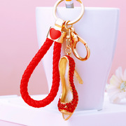 编织绳镶钻高跟鞋汽车钥匙扣金属可爱女包包挂件钥匙链圈创意