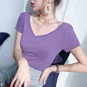 短款性感紫色体恤上衣大领口，双v领低领口露背t恤修身显瘦女短袖夏