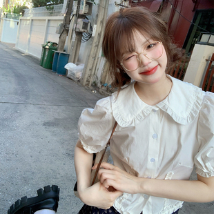 YUKIXIAOSHU自制韩版娃娃领木耳边短袖衬衫女早春甜美白色衬衣24