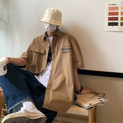 棕色短袖衬衫男潮ins设计感oversize日系复古cityboy工装衬衣夏季
