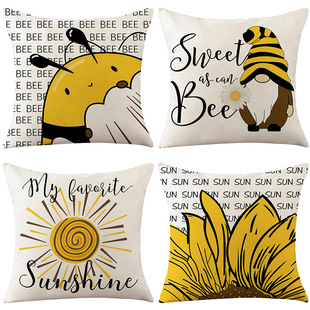 向日葵抱枕套卡通蜜蜂印花亚麻居家靠垫套北欧沙发靠枕套