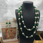 中古复刻祖母绿琉璃珠珍珠，长款项链宝石，圈毛衣链同款镶钻耳坠气质