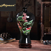 Atpeun景德镇陶瓷装饰水晶釉花瓶中式贴花工艺品摆件纯手工黑底荷