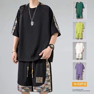 夏季中国风套装男宽松时尚，帅气搭配潮牌短袖，t恤短裤两件套潮
