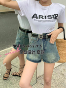 AUSS255E英文字母印花开衩牛仔短裤女2024夏高腰双腰带阔腿裤