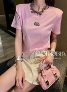 欧洲站粉色上衣2024夏季简约时尚纯色洋气修身短袖T恤衫女潮
