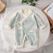新生婴儿儿衣服纯棉蓝色宝宝连体衣双层护肚男孩哈衣和服斜襟春秋