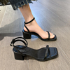 红蜻蜓凉鞋女款夏季2024年法式气质方头高级感粗跟黑色一字带