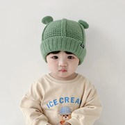 婴儿秋冬帽子女宝绿色毛线帽，可爱超萌儿童套头帽秋季宝宝针织帽