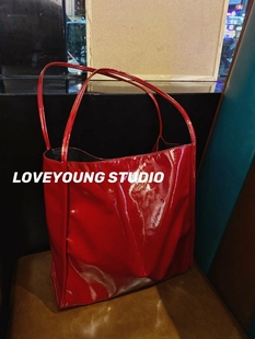 loveyoung自制红色亮面漆皮单肩包大容量百搭包包，婚包托特包