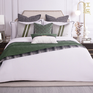 北欧风格样板房展厅样板间床品极简四件套软装提花床上用品绿色
