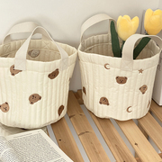 佑木包袋米色绗缝星星小熊刺绣，棉布收纳桶，玩具零食收纳袋家居软装