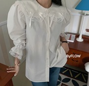 蕾丝花边娃娃领长袖衬衫，女2024春夏，韩版时髦洋气宽松衬衣上衣