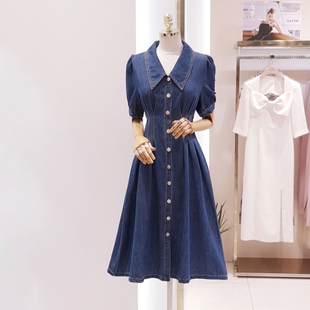 薄款牛仔连衣裙女2023夏季韩版收腰显瘦中长款短袖蓝色牛仔裙