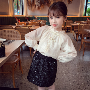 女童新中式刺绣衬衫春装，2024洋气儿童，国风长袖衬衣女孩打底衫