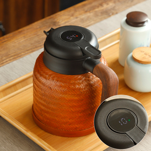 复古竹编保温壶闷茶壶老式暖壶，热水壶带温度，显示不锈钢内胆保温瓶