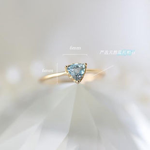 日韩风格天然蓝托帕石三角形，切割戒指s925银镶嵌天空蓝指环可调节