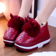 包跟月子鞋红色毛口松糕跟厚底女坡跟棉拖鞋防水防滑冬季猫耳朵鞋