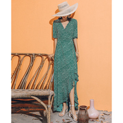 弥古原创雪纺v领绿色，波西米亚连衣裙长裙度假沙滩裙泰国风情裙子