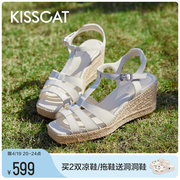 KISSCAT接吻猫2024年夏季复古坡跟防水台度假风编织罗马凉鞋