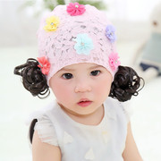 带头发的帽子女宝宝儿童春夏，0-1岁婴儿帽花朵，蕾丝假发帽公主胎帽2