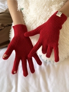 纯色羊毛针织手套冬天女，露指保暖加厚防寒毛线，手套分指男新年红色